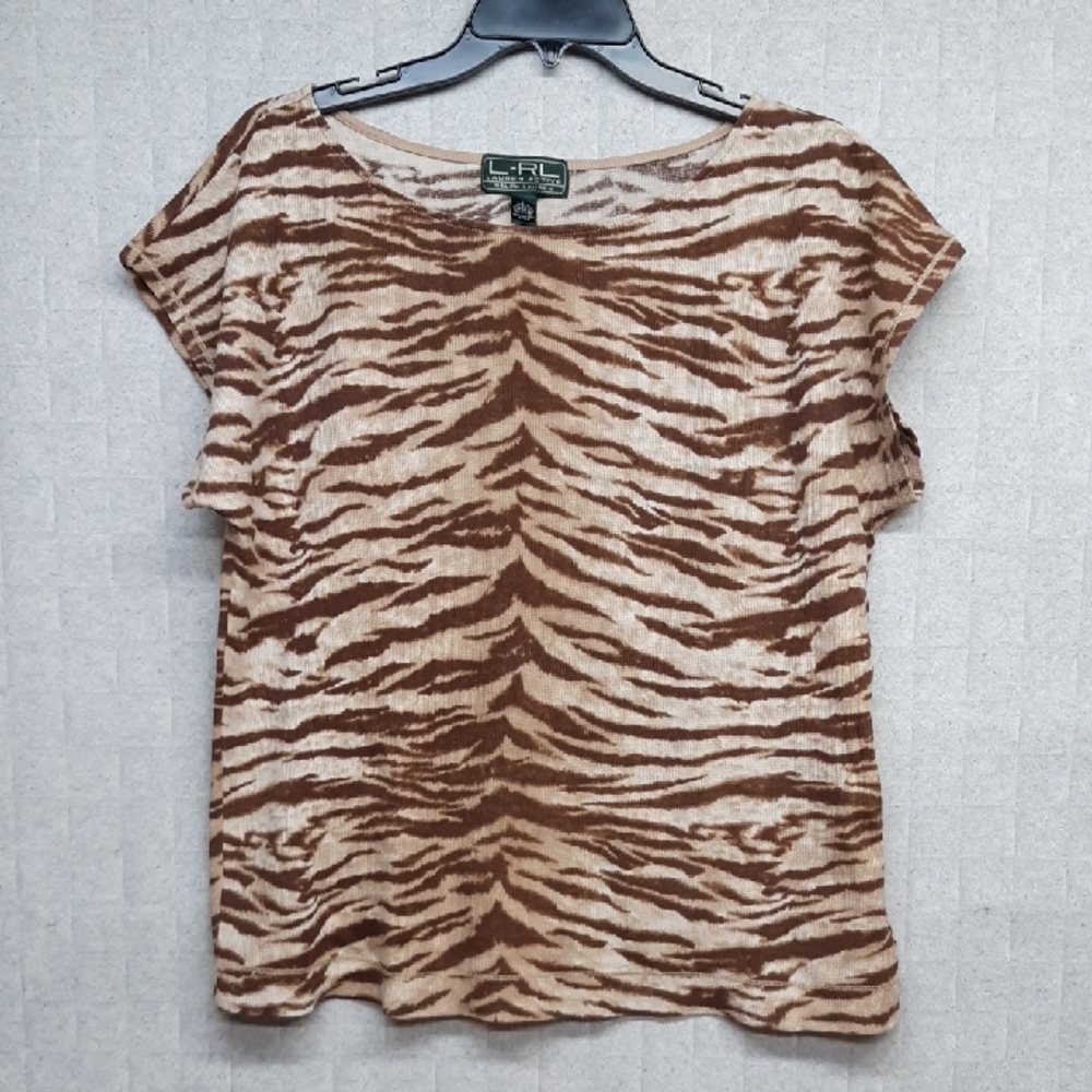 L-RL Lauren Active Ralph Lauren Brown and Tan Zebra-Print Short Sleeve Top